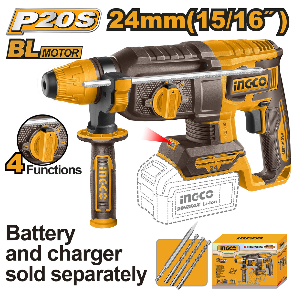 INGCO 20V BL 4-MODE ROTARY HAMMER 24MMØ CRHLI20248 (BARE UNIT) Main image
