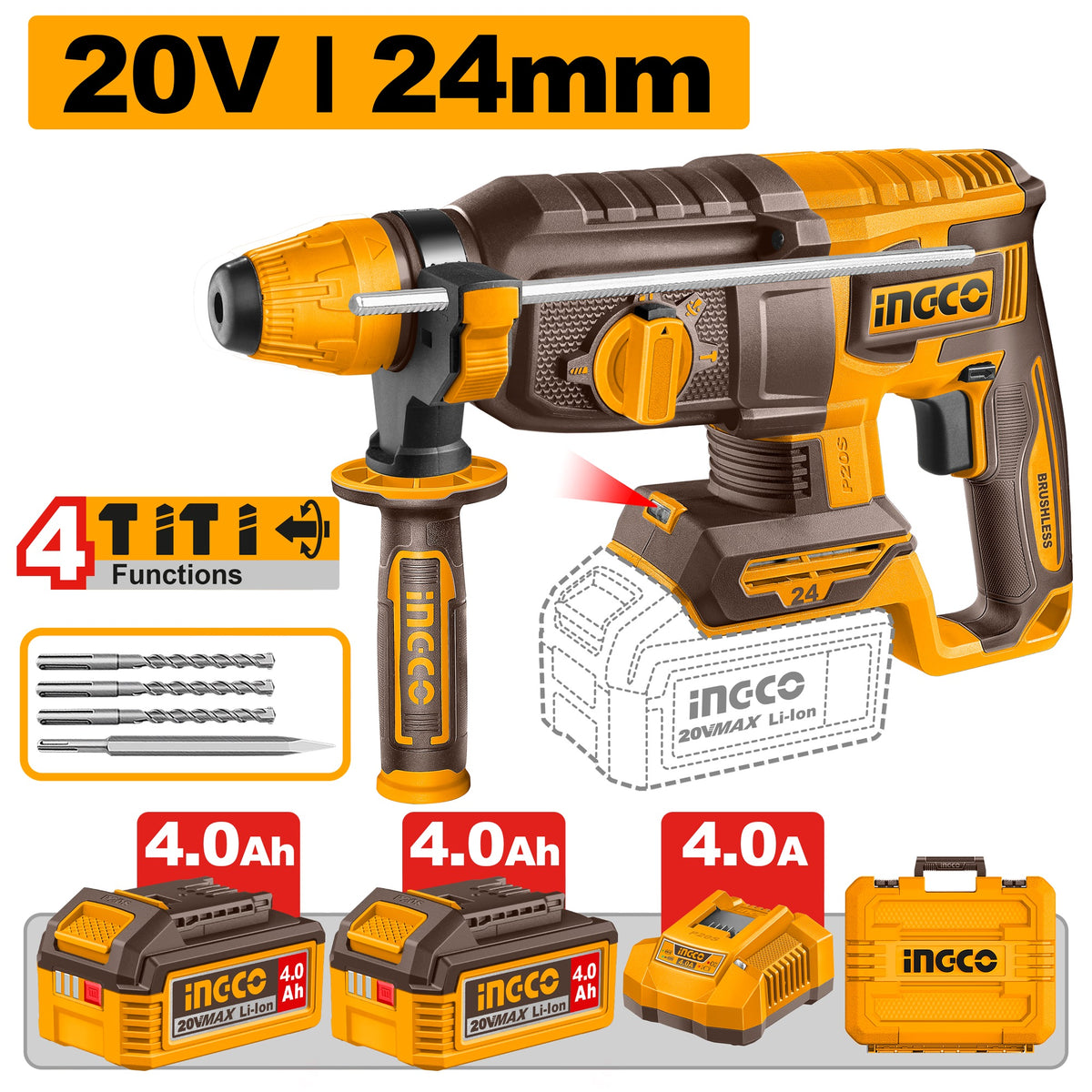 INGCO 20V BL 4-MODE ROTARY HAMMER 24MMØ 2X4.0AH+BIT+CASE CRHLI202482