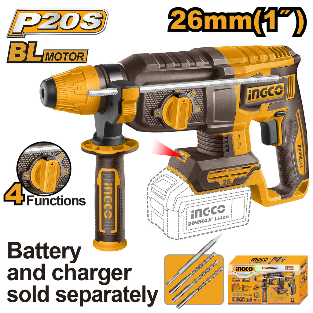 INGCO 20V LI-ION BL ROTARY HAMMER 26MMØ W4 BITS CRHLI20268 (BARE UNIT)