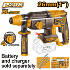 INGCO 20V LI-ION BL ROTARY HAMMER 26MMØ W4 BITS CRHLI20268 (BARE UNIT)