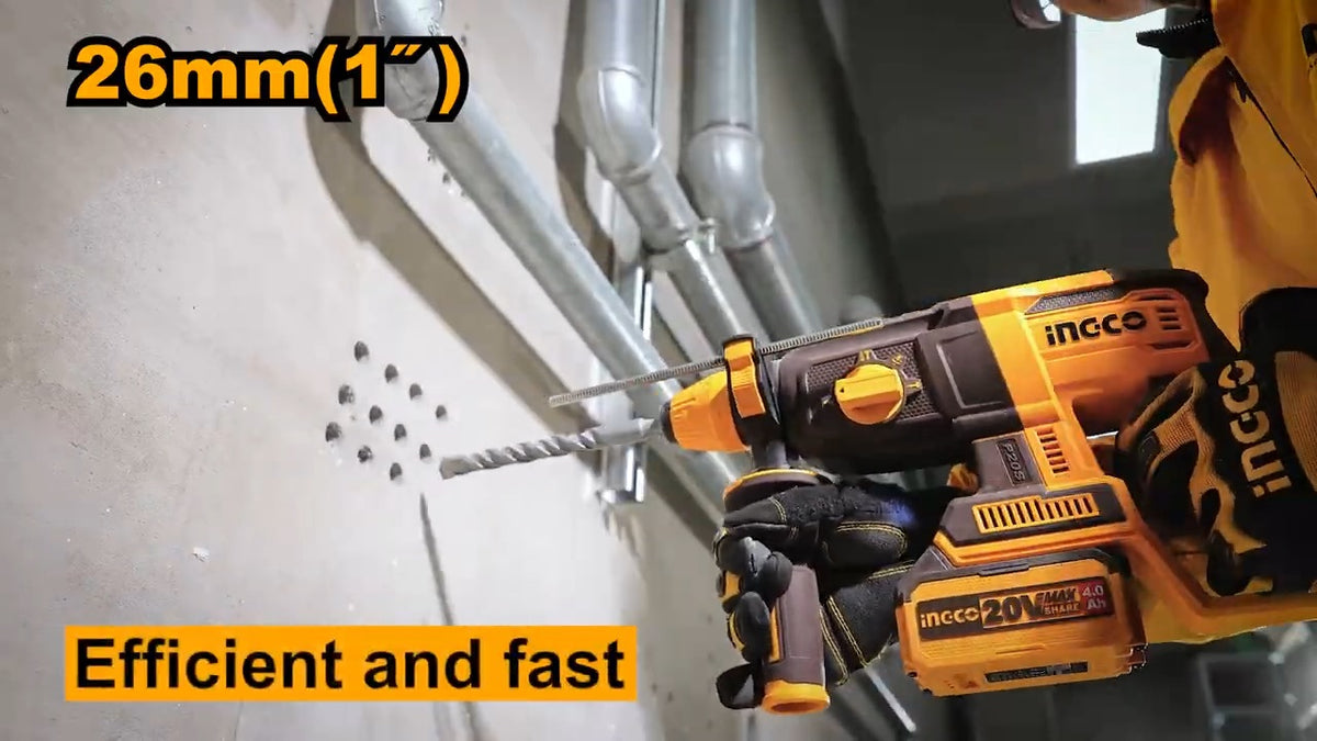 INGCO 20V LI-ION BL ROTARY HAMMER 26MMØ W4 BITS CRHLI20268 (BARE UNIT)