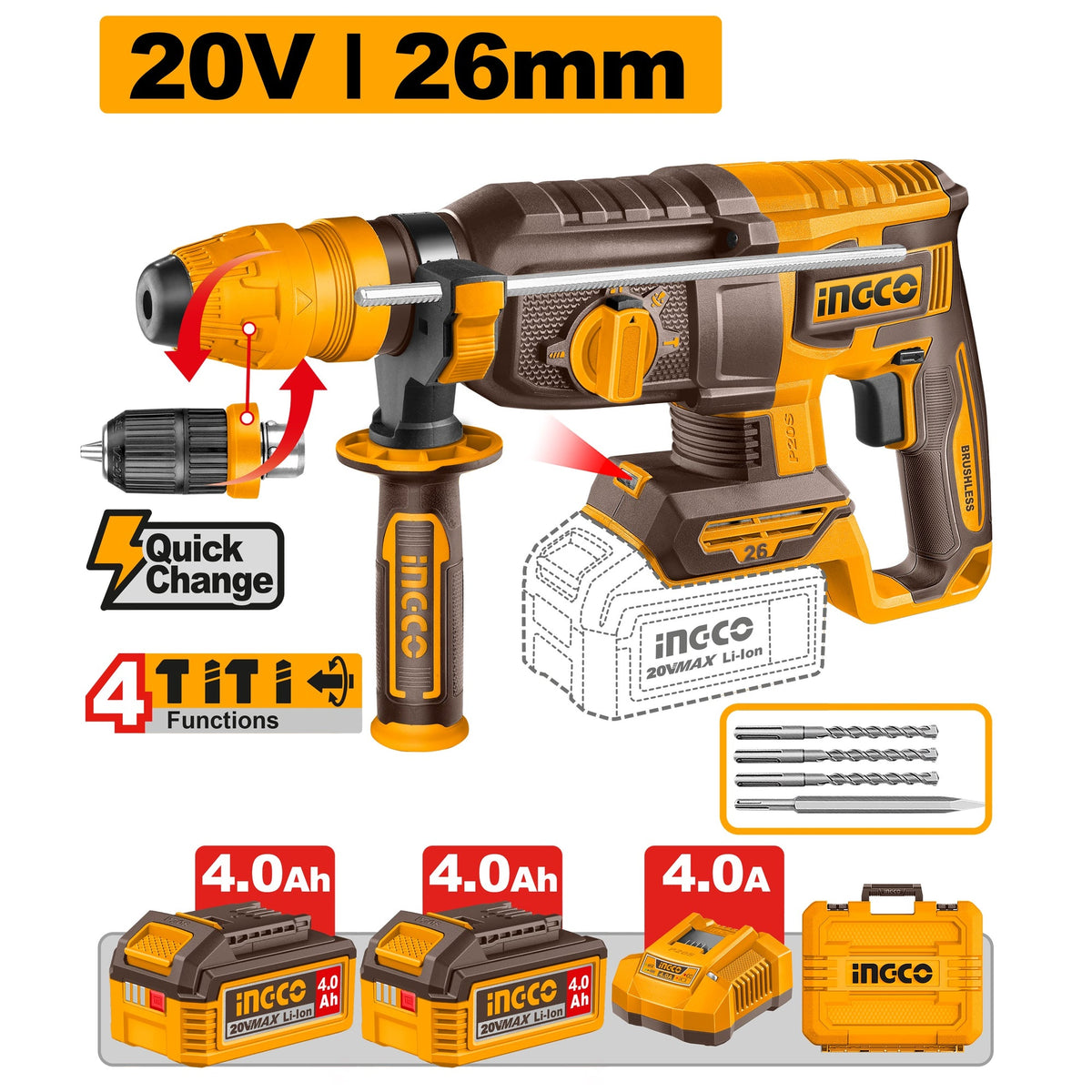 INGCO 20V BL 4-MODE ROTARY HAMMER 26MM 2X4.0AH +QUICKCHUCK+CASE CRHLI202689 Main image