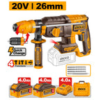 INGCO 20V BL 4-MODE ROTARY HAMMER 26MM 2X4.0AH +QUICKCHUCK+CASE CRHLI202689