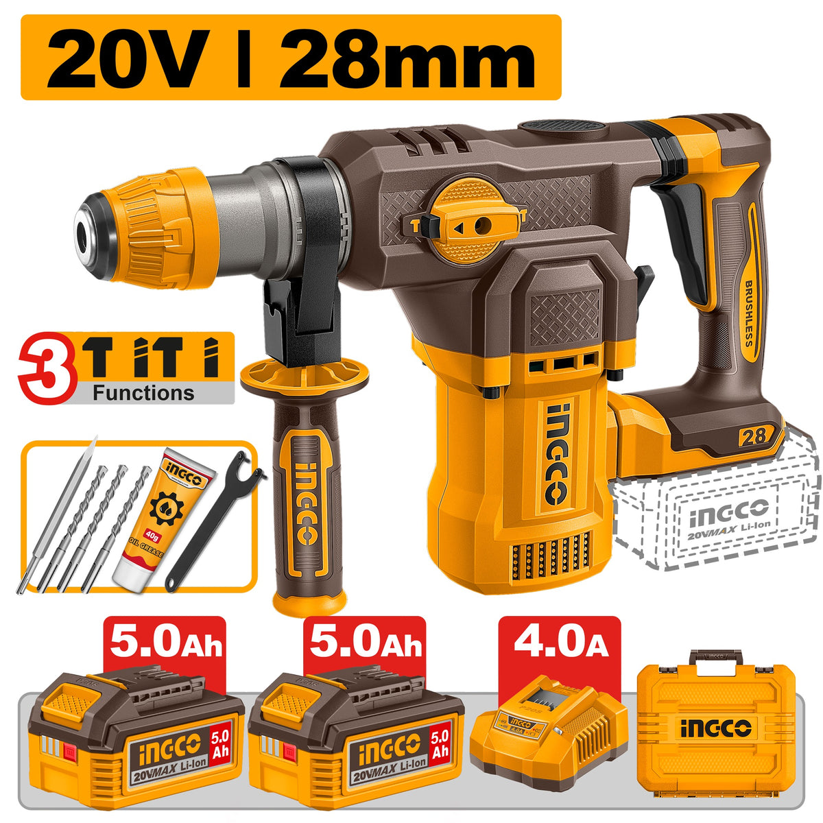 INGCO 20V LI-ION BL ROTARY HAMMER 28MMØ 2X5.0AH CHRG+BITS+CASE CRHLI202862 Main image