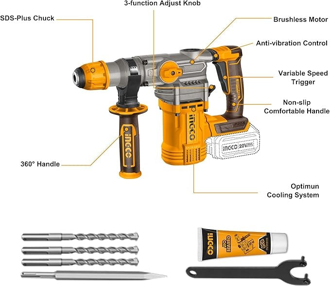 INGCO 20V LI-ION BL ROTARY HAMMER 28MMØ CRHLI20288 (BARE UNIT)