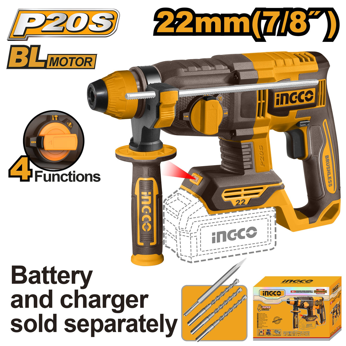 INGCO 20V LI-ION BL 4-MODE ROTARY HAMMER 22MMØ CRHLI21228 (BARE UNIT) Main image