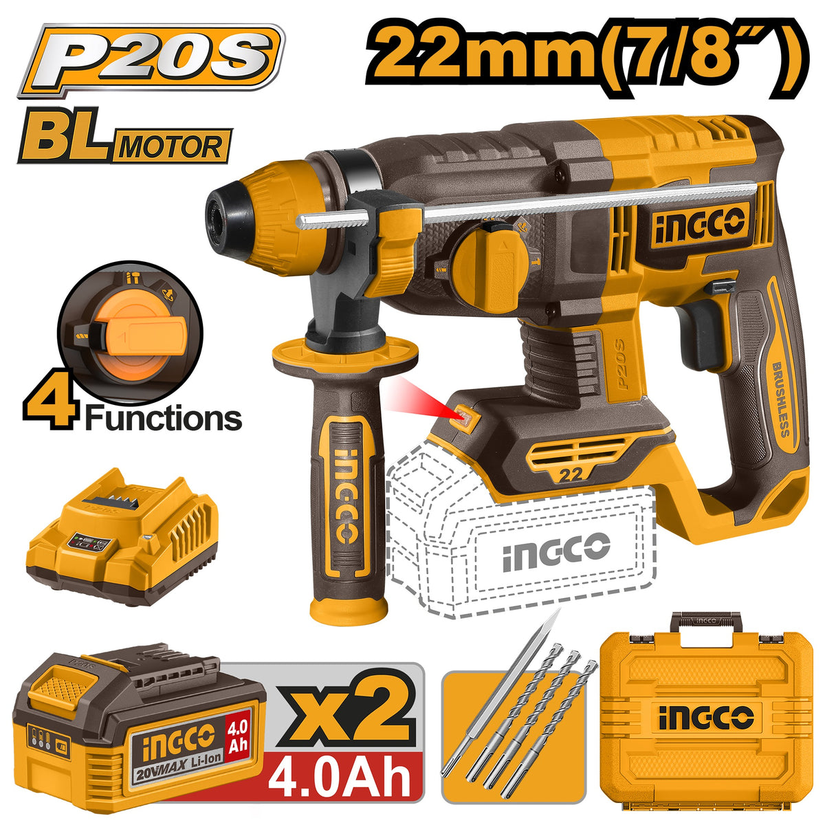 INGCO 20V LI-ION BL 4-MODE ROTARY HAMMER 22MMØ 2X4.0AH+CHARGER CRHLI212282 Main image