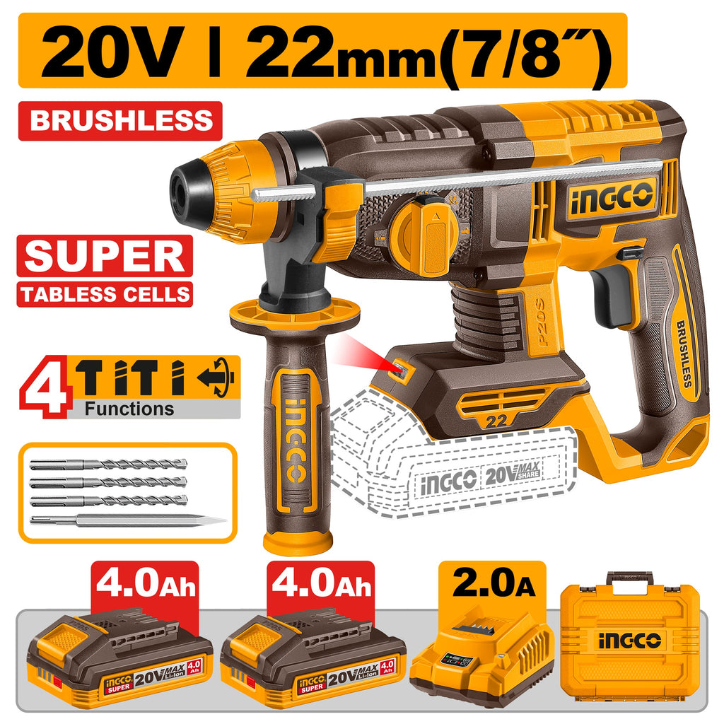 INGCO 20V LI-ION BL 4-MODE ROTARY HAMMER 22MMØ 2X4.0AH "TABLESS"CRHLI222085