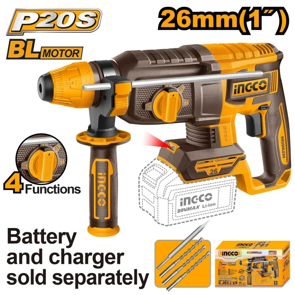 INGCO 20V BL 4-MODE ROTARY HAMMER 26MMØ+4 BITS CRHLI26208 (BARE UNIT) Main image