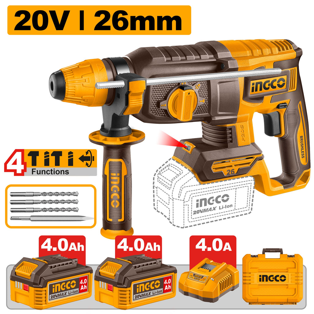 INGCO 20V BL 4-MODE ROTARY HAMMER 26MMØ 2X4.0+CASE CRHLI262085