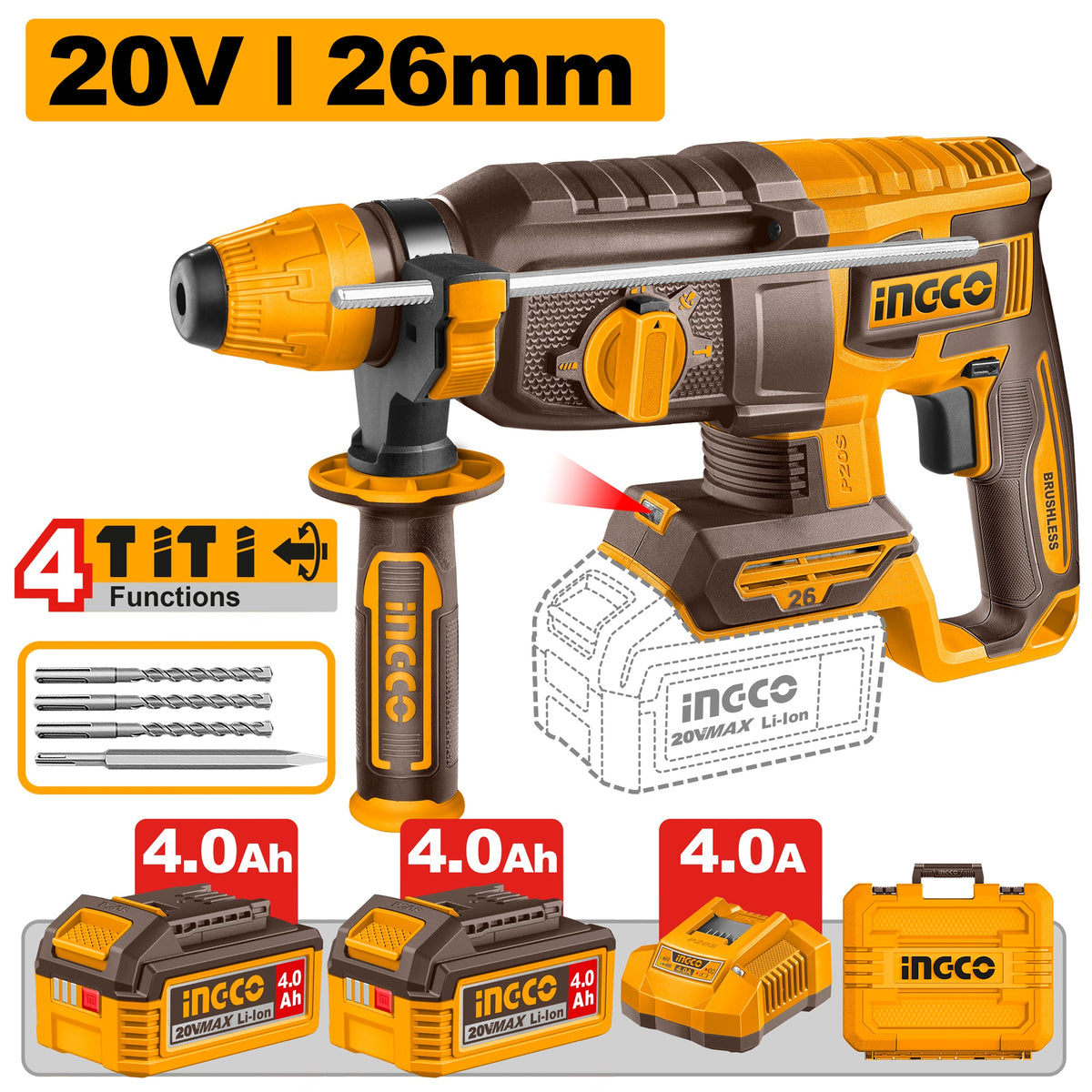INGCO 20V BL 4-MODE ROTARY HAMMER 26MMØ 2X4.0+CASE CRHLI262085