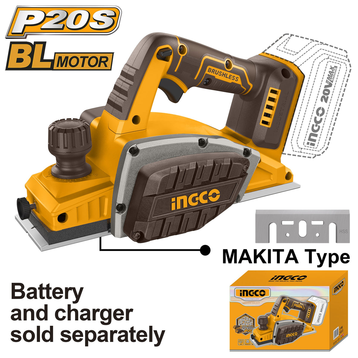 INGCO 20V CORDLESS PLANER 82MM CRLI20401 (BARE UNIT)
