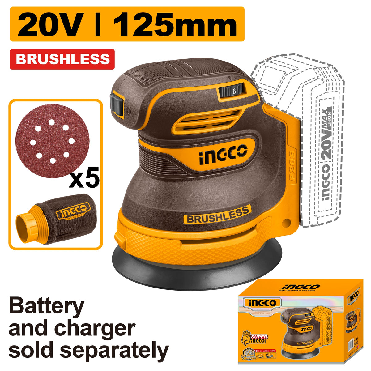 INGCO 20V LI-ION RANDOM ORBIT SANDER CROSLI2002 (BARE UNIT) Main image