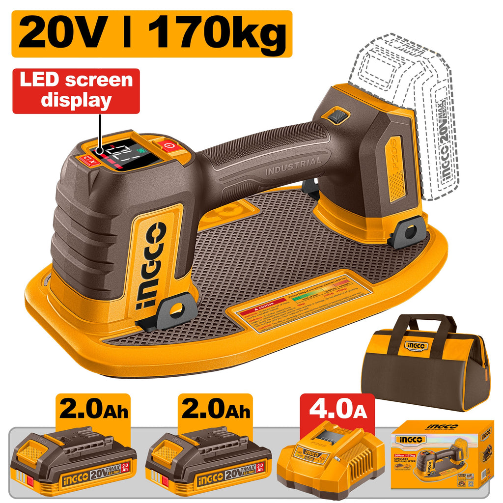 INGCO 20V VACUUM LIFTER CAP: HORIZON 170KG,VERT: 60KG.2X2.0+BAG CSCLI20305
