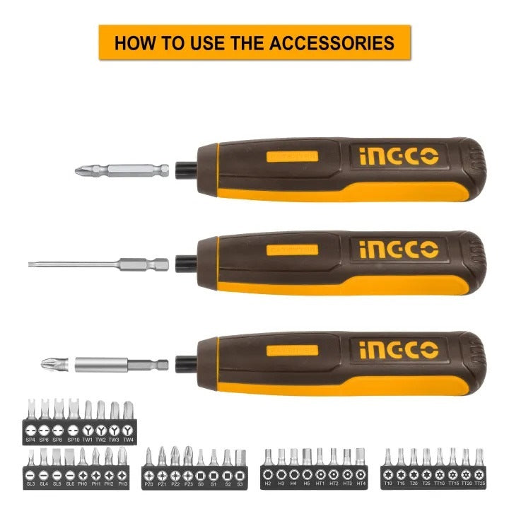 INGCO 4V LI-ION CORDLESS SCREWDRIVER W/43PCS BIT SET CSDLI04062