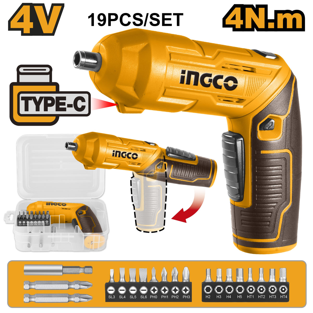INGCO 4V LI-ION CORDLESS SCREWDRIVER WITH 18 BITS & MAG.HOLDER CSDLI0442 (NO USB CHARGER) Main image