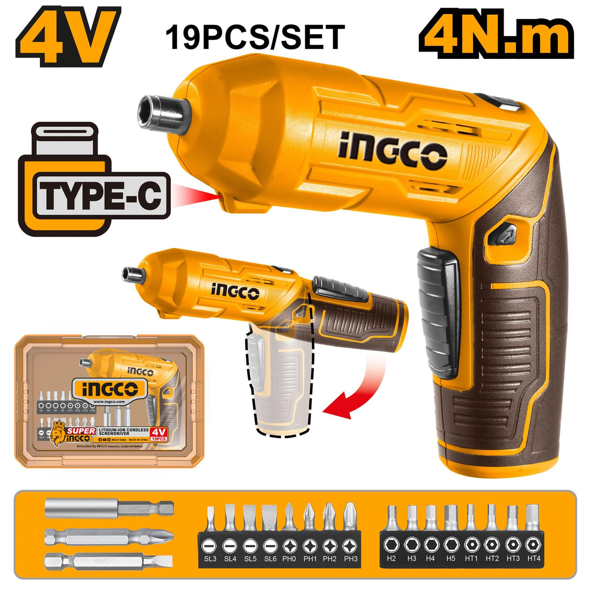 INGCO 4V LI-ION CORDLESS SCREWDRIVER WITH 19 BITS SET (NO USB CHARGER) CSDLI04425