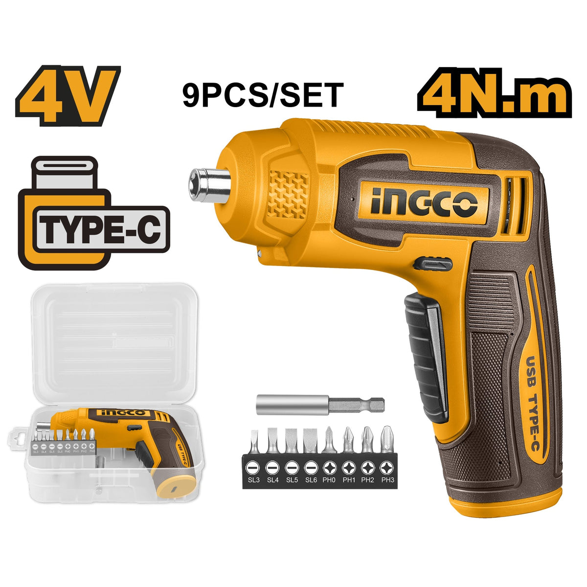 INGCO 4V LI-ION CORDLESS SCREWDRIVER WITH 9 BITS SET (NO USB CHARGER) CSDLI0458 Main image