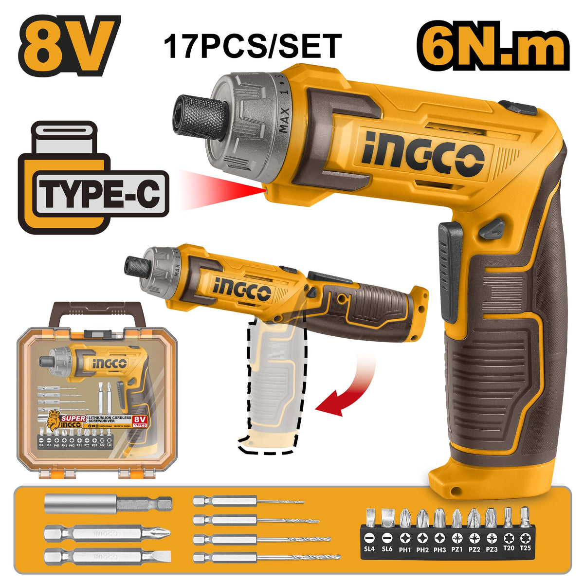 INGCO 8V 17PCS LI-ION CORDLESS DRIVER 6NM (NO USB CHARGER) CSDLI08025 Main image