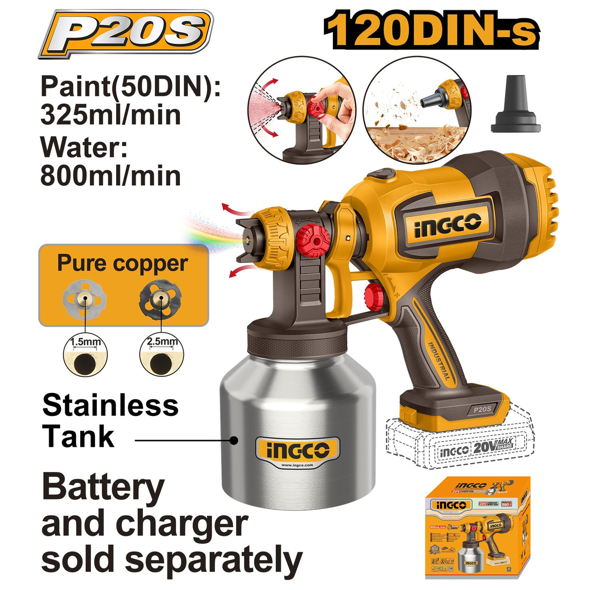 INGCO 20V LI-ION CORDLESS SPRAY GUN 800ML SS TANK CSGLI20041 (BARE UNIT) Main image