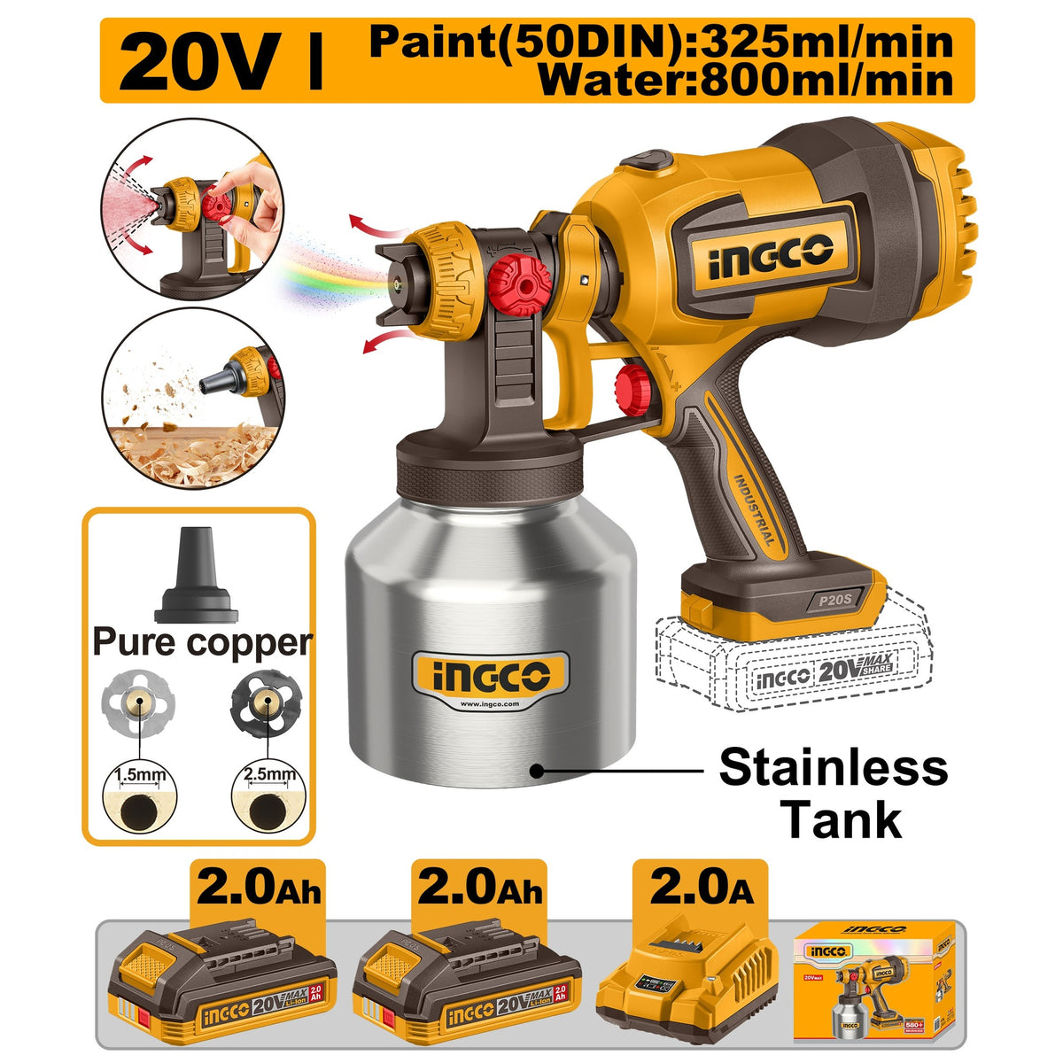 INGCO CSGLI200414 20V LI-ION CORDLESS SPRAY GUN 800ML SS TANK 2X2.0+CHARGER Main image