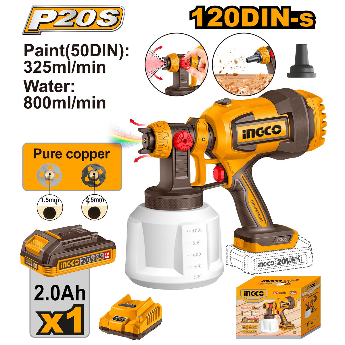 INGCO 20V LI-ION CORDLESS SPRAY GUN 1X2.0 AH + CHARGER CSGLI20042 Main image