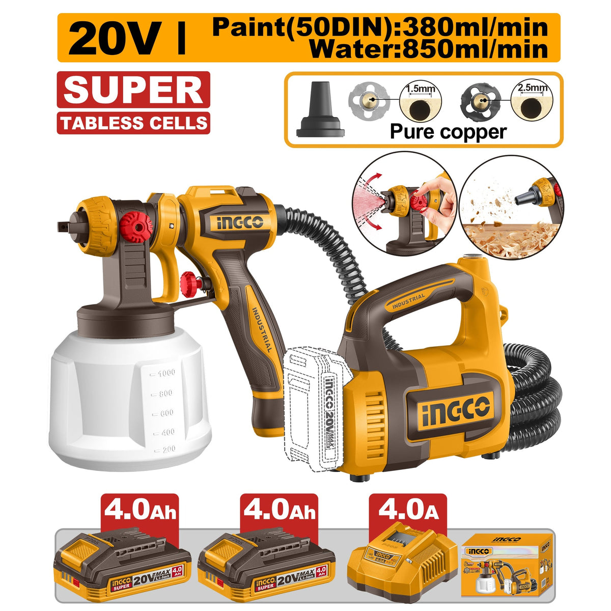 INGCO 20V LI-ION CORDLESS SPRAY GUN 2X4.0 TABLESS BATT+ CHARGER CSGLI20062 Main image