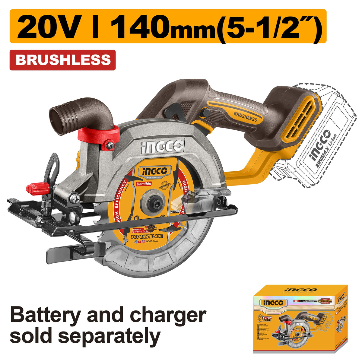 INGCO 20V LI-ION CIRCULAR SAW 140MM BLADE CSLI1402 (BARE UNIT) Main image