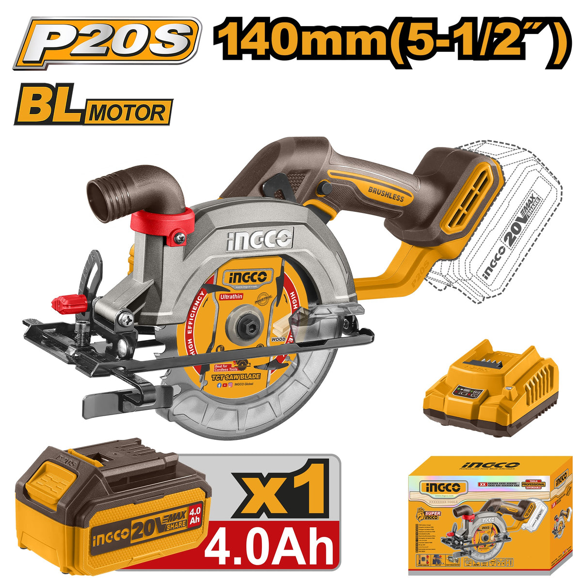 INGCO 20V LI-ION CIRCULAR SAW 140MM BLADE 1X4.0 + CHRG CSLI14021
