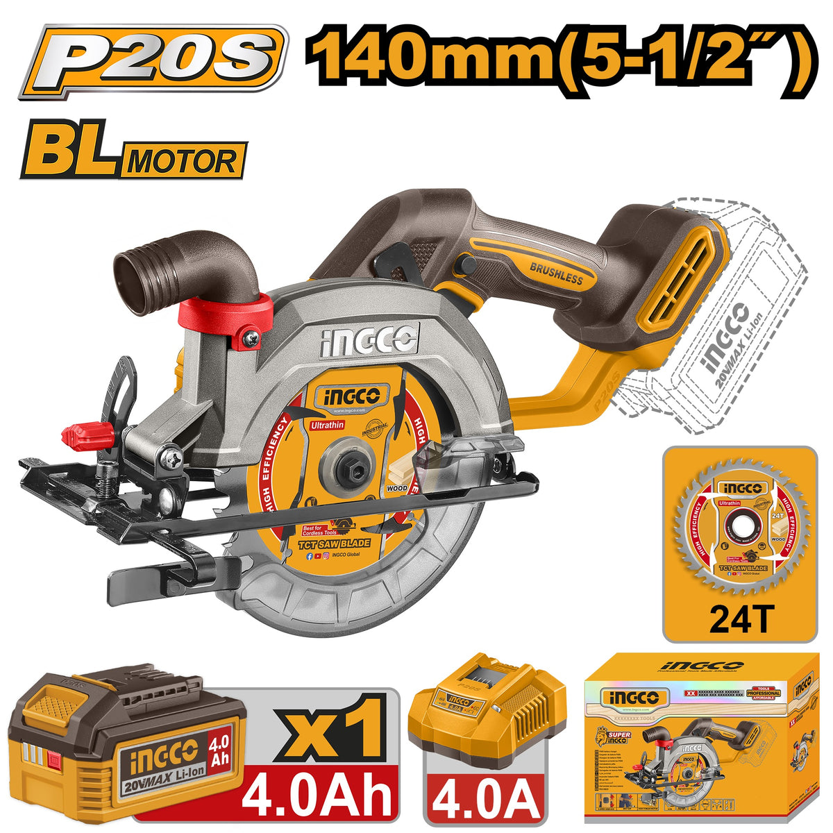 INGCO 20V LI-ION BL CIRCULAR SAW 140MM BLADE 1X4.0 + CHRG CSLI14023 Main image
