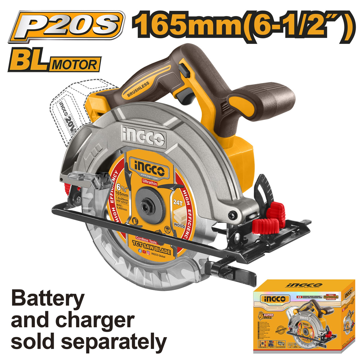 INGCO 20V LI-ION CIRCULAR SAW 165MM CSLI1652 (BARE UNIT) Main image