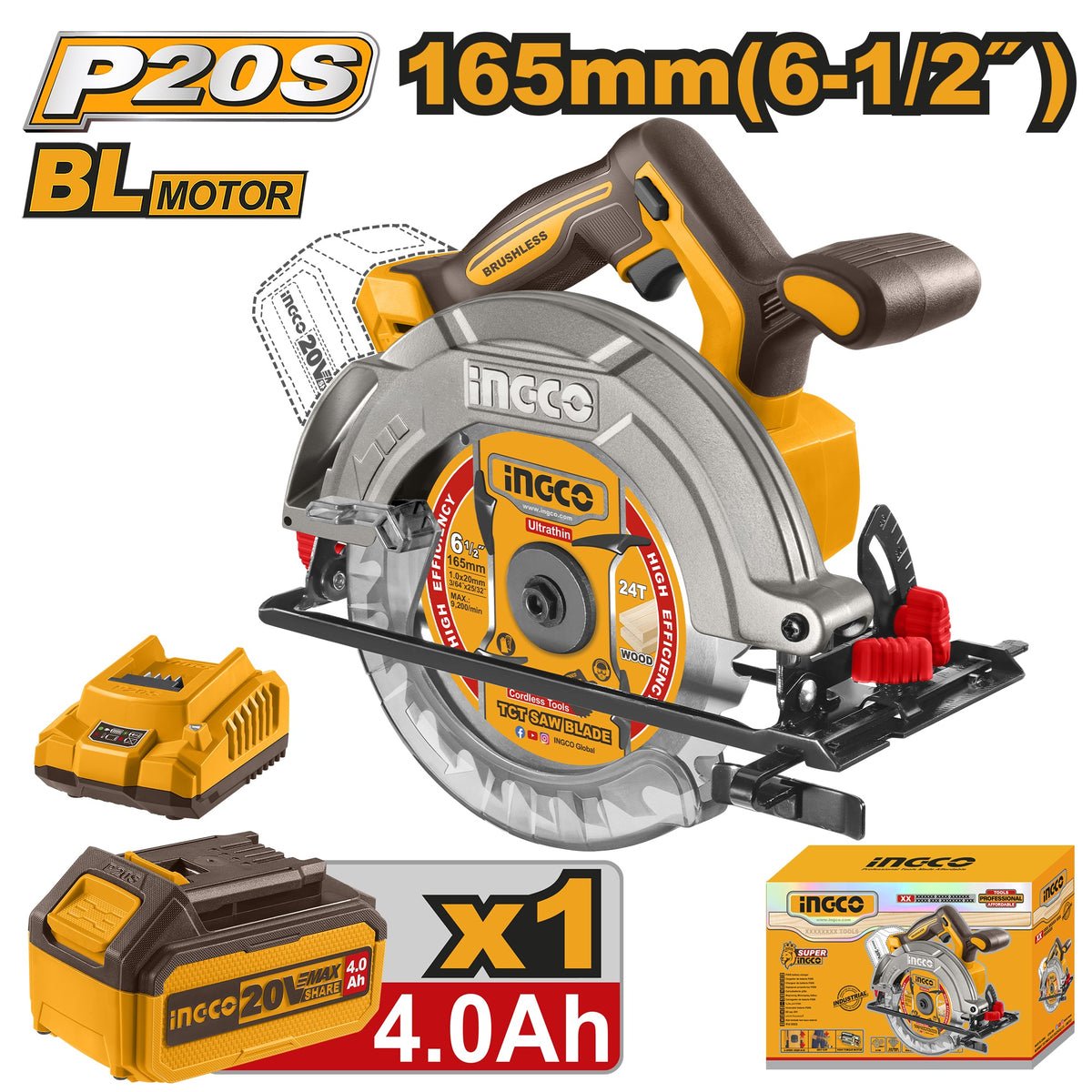 INGCO 20V LI-ION CIRCULAR SAW 165MM 1X4.0 + CHRG CSLI16521 Main image