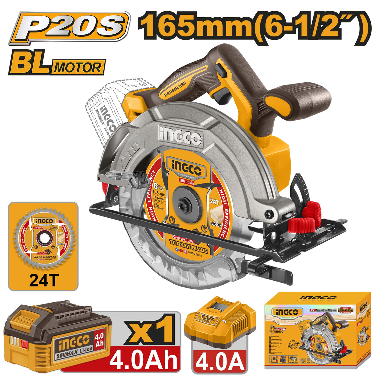 INGCO 20V LI-ION CIRCULAR SAW 165MM 1X4.0 + 4A CHRG CSLI16523