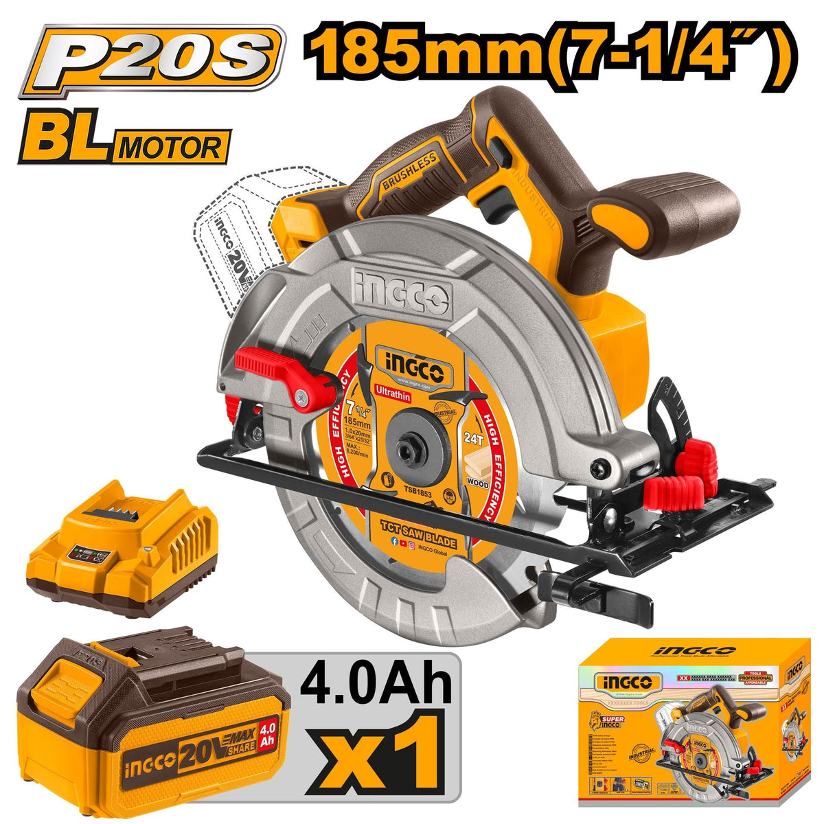 INGCO 20V 1X4.0AH BRUSHLESS CIRCULAR SAW 185MM CSLI18511 Main image