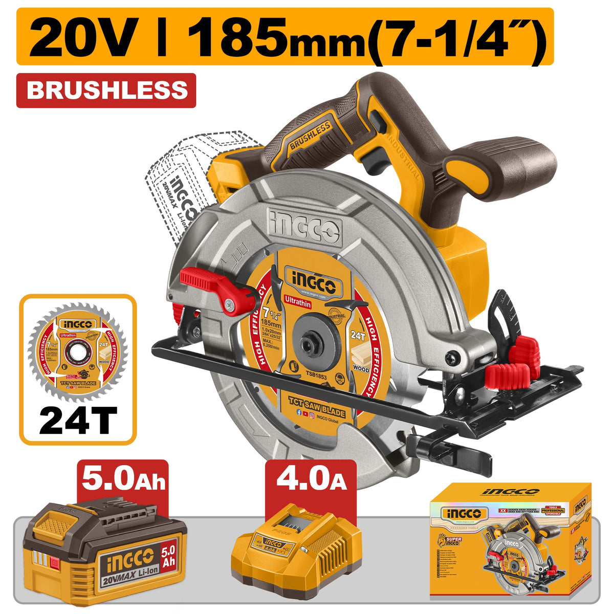 INGCO 20V BRUSHLESS CIRCULAR SAW 185MM 1X5.0AH + CHARGER CSLI18513 Main image