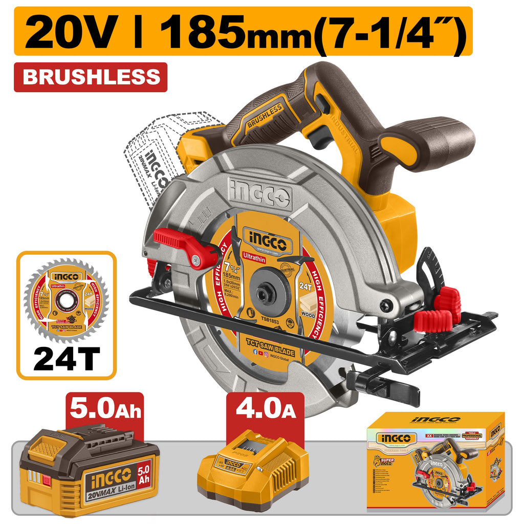 INGCO 20V BRUSHLESS CIRCULAR SAW 185MM 1X5.0AH + CHARGER CSLI18513