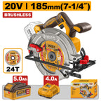 INGCO 20V BRUSHLESS CIRCULAR SAW 185MM 1X5.0AH + CHARGER CSLI18513
