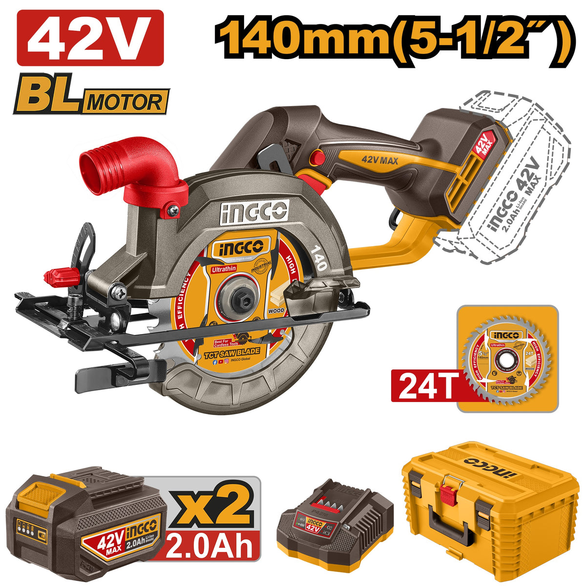 INGCO 42V BL 5-1/2"CIRCULAR SAW 2X2.0AH +STORAGE BOX CSLI4214012