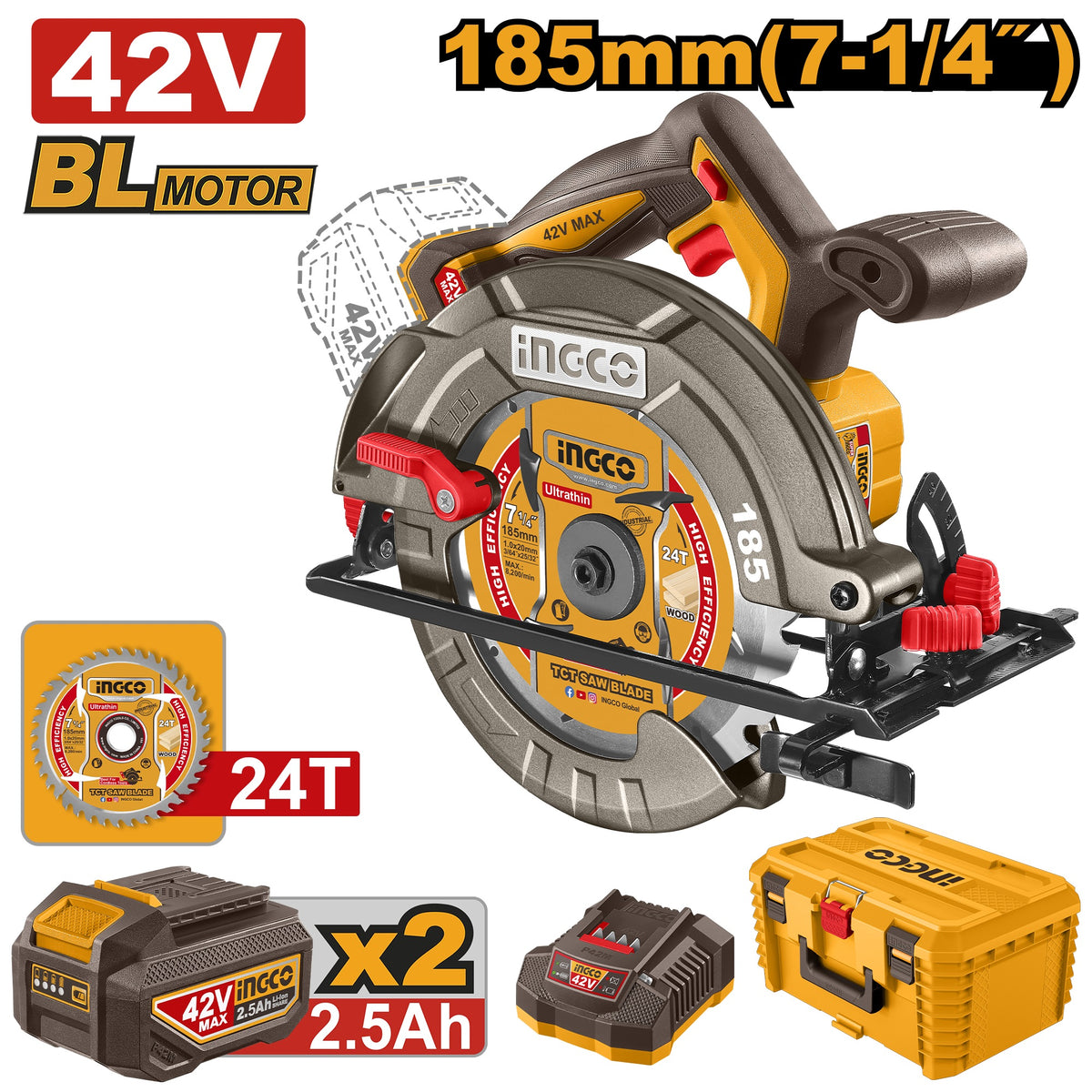 INGCO 42V BL 7-1/4"CIRCULAR SAW 2X2.5AH +STORAGE BOX CSLI4218512 Main image