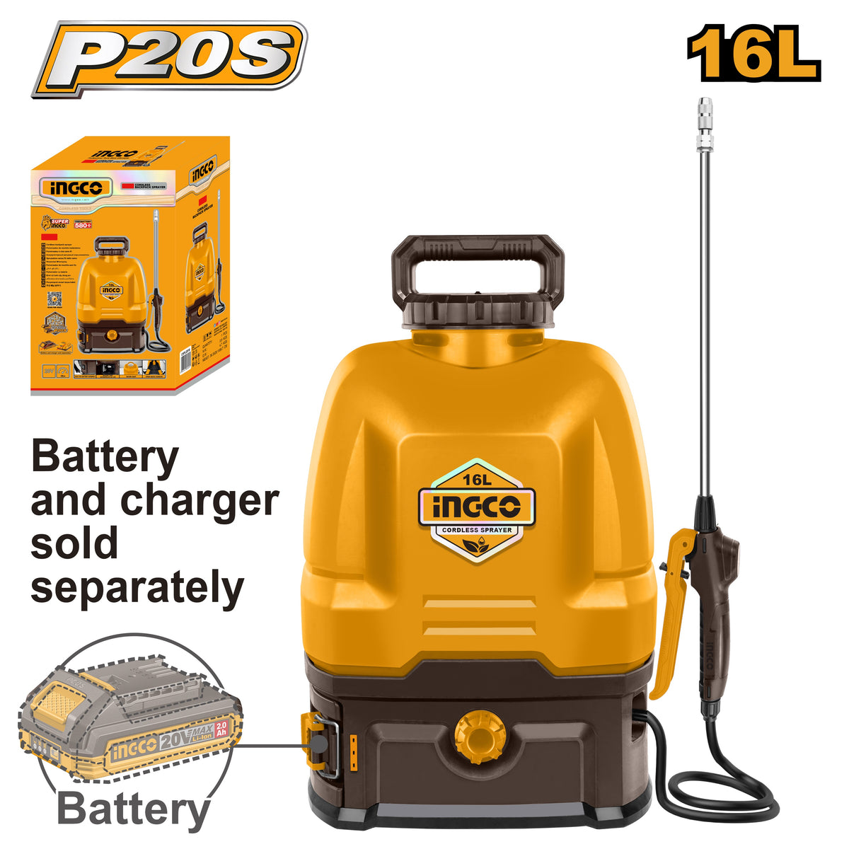 INGCO 20V CORDLESS BACKPACK SPRAYER 16L CSPLI2016 (BARE UNIT) Main image