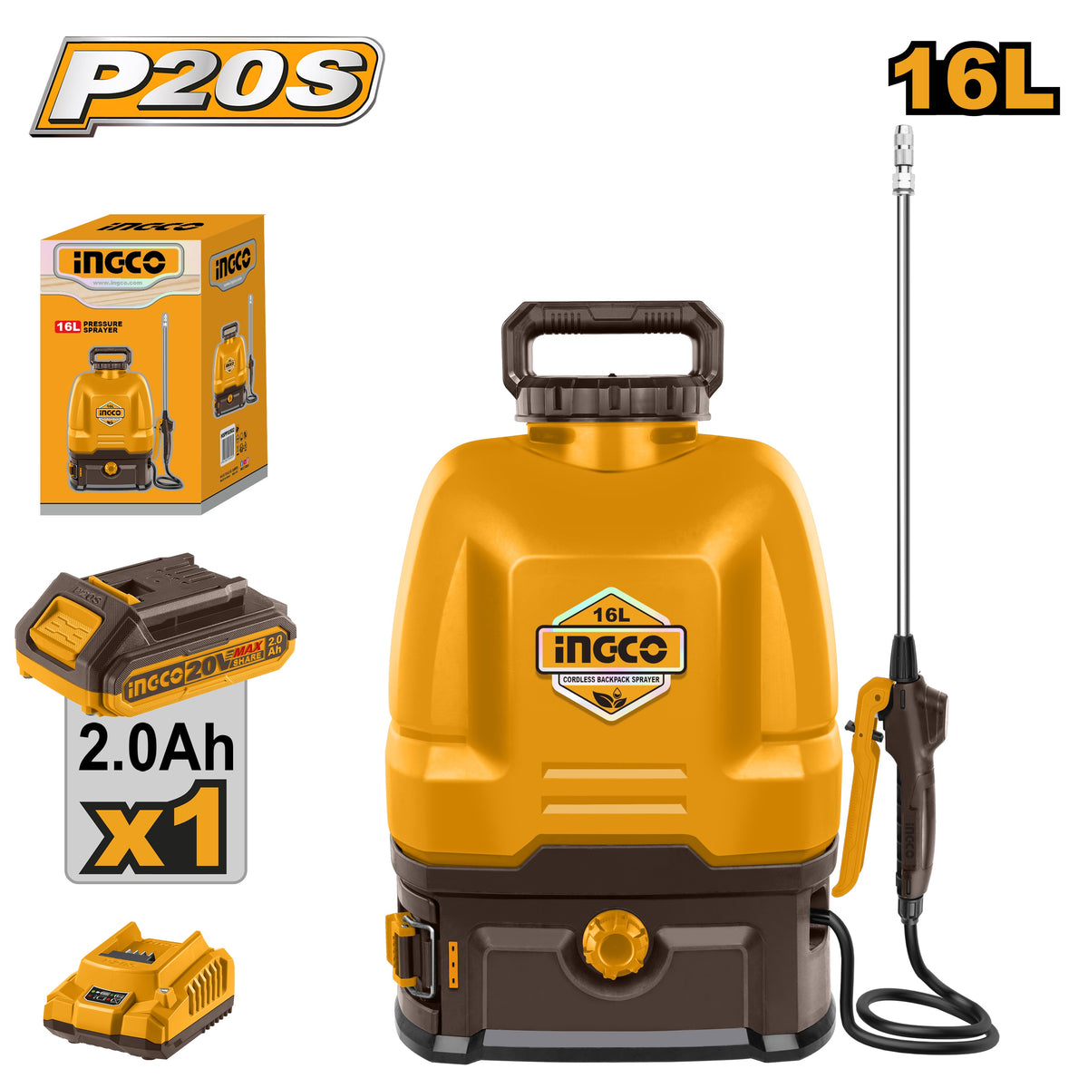 INGCO 20V CORDLESS BACKPACK SPRAYER 16L 1X2.0AH+CHARGER CSPLI20162 Main image