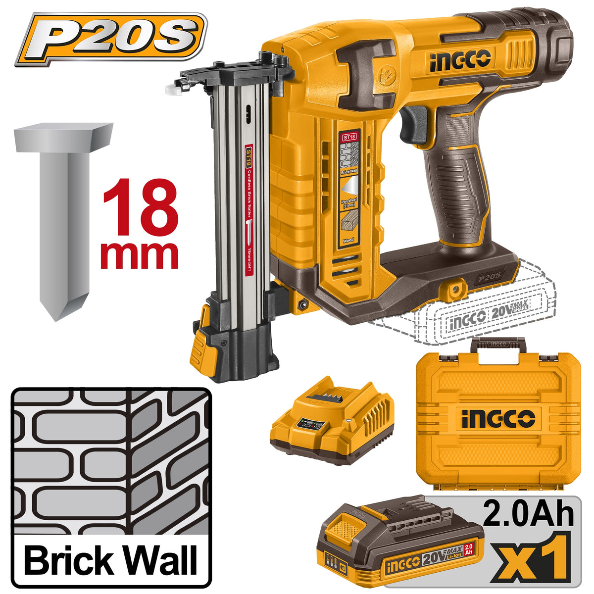 INGCO 20V 1X2.0AH CONCRETE BRICK NAILER ST18MM NAIL CSTLI3808 Main image