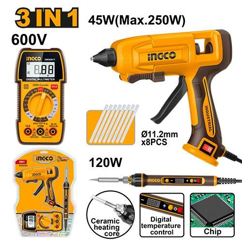 INGCO 3 IN 1 GLUE GUN, SOLDING IRON & MULTIMETER COMBO CTCK250716