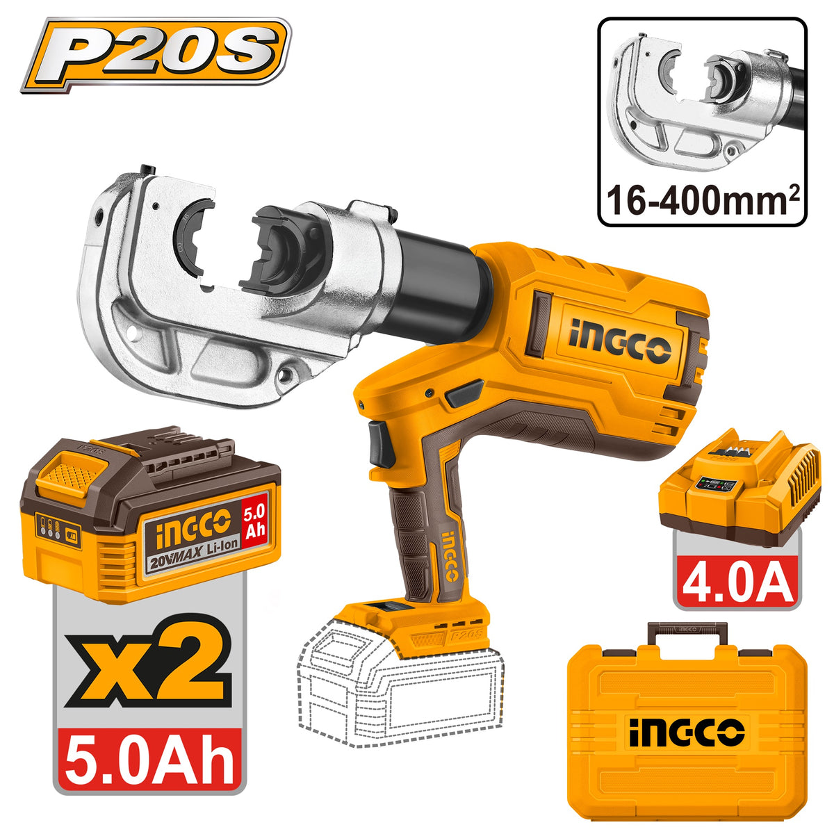 INGCO 20V HYDRAULIC CRIMPING TOOL16-400MM2, 2X20V 5.0AH & CHARGER CTLI2005 Main image