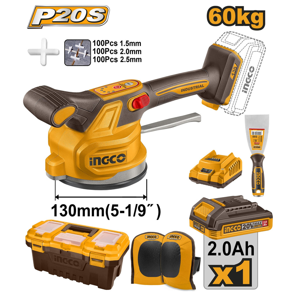INGCO 20V TILE VIBRATION MACHINE1X2.0AH CHARGER KNEE PADS+BOX CTVLI20015