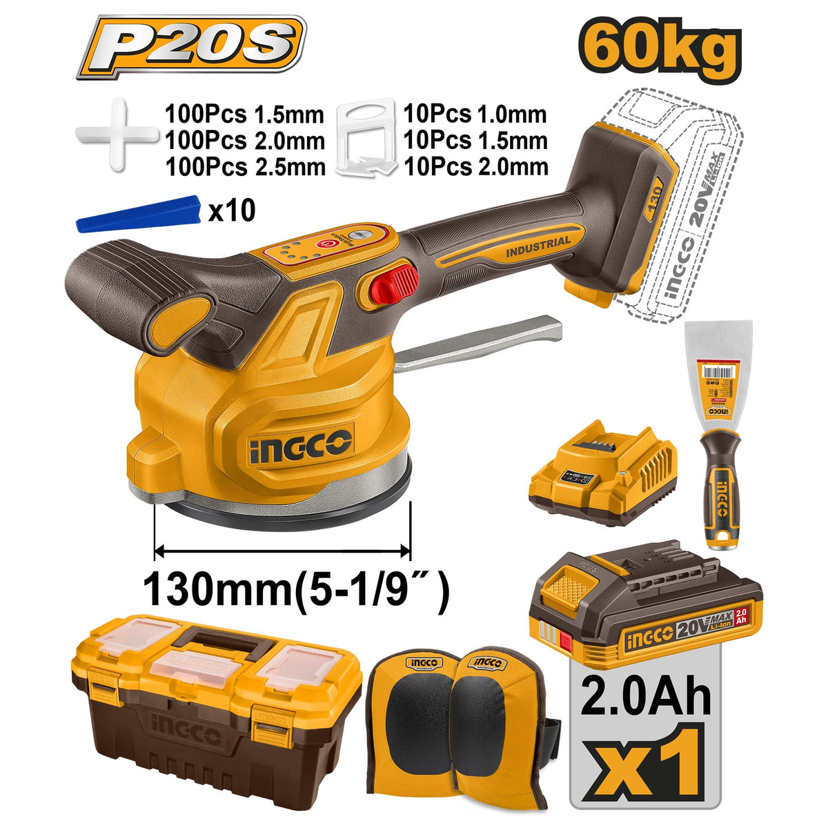 INGCO 20V TILE VIBRATION MACHINE1X2.0AH CHARGER KNEE PADS+BOX CTVLI20018 Main image