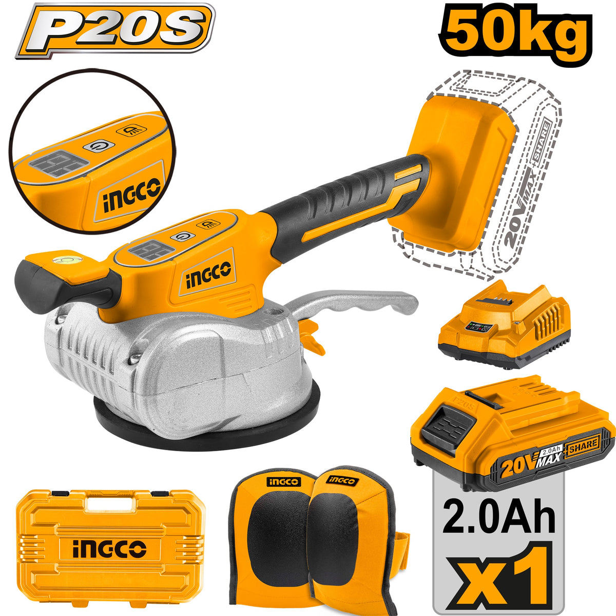 INGCO 20V TILE VIBRATION MACHINE 1X2.0AH CHARGER KNEE PADS+CASE CTVLI20101 Main image