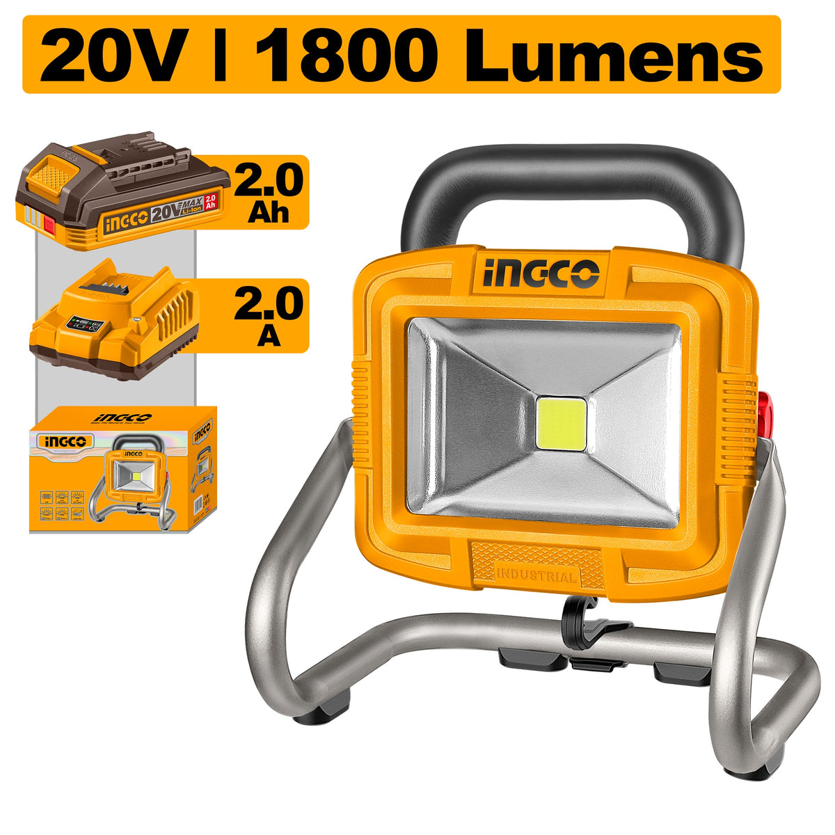 INGCO 20V 1X2.0AH LI-ION LED WORK LAMP 20W 1800 LUMENS CWLI20258 Main image
