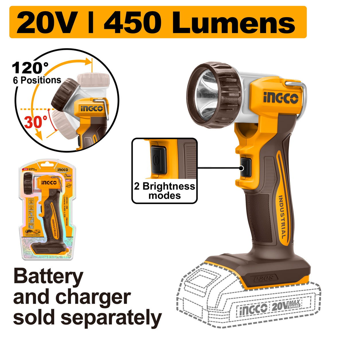INGCO 20V LED WORK LAMP 8W 450 LUMENS CWLI2058 (BARE UNIT) Main image