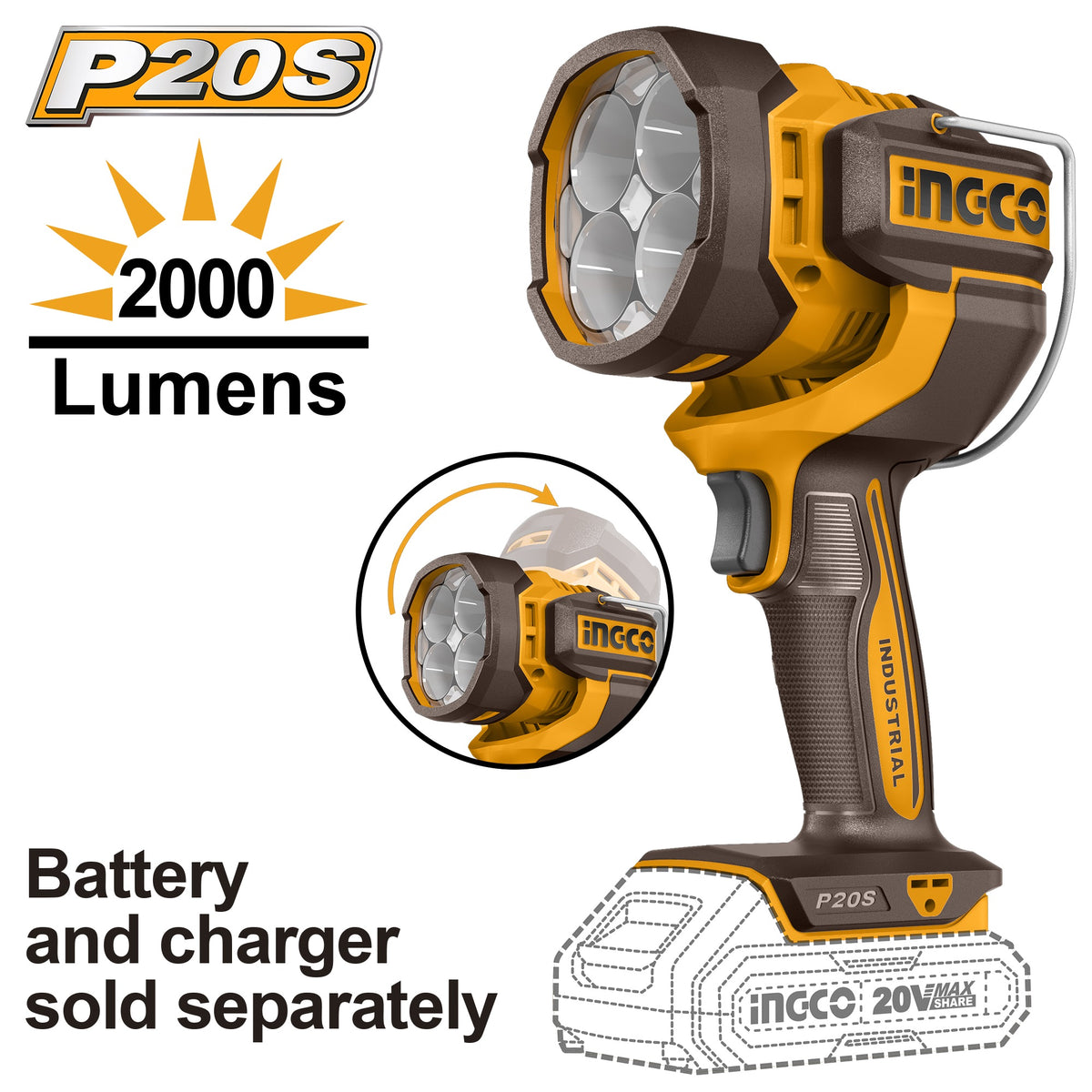 INGCO 20V LI-ION WORK LAMP 22.5W 2000 LUMENS CWLI2088 (BARE UNIT) Main image